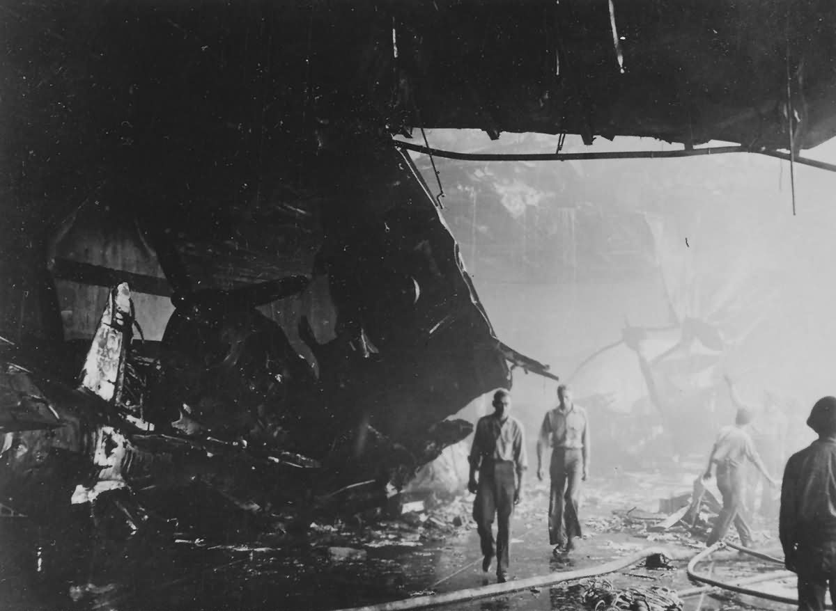 destoyed hanger deck of USS Bunker Hill CV-17 Okinawa May 1945