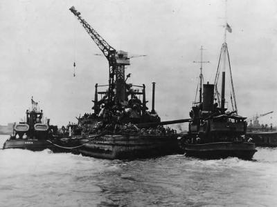 Battleship USS California BB-44 Towed to Dock at Pearl Harbor 1942