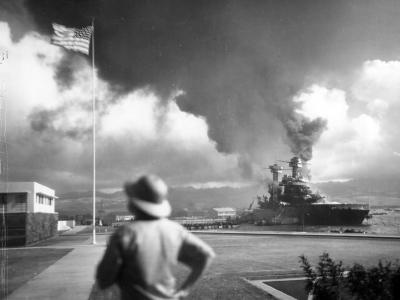 USS California (BB-44) being hit by Japanese aerial torpedoes and bombs