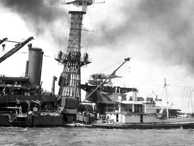View of sailors on board the battleship USS California