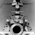 USS California (BB-44) forward superstructure and 356 mm (14-inch) gun turrets