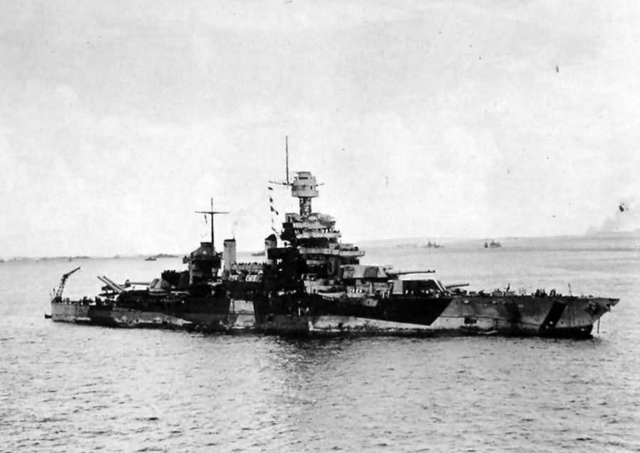 Starboard view of USS Colorado in camouflage 1944