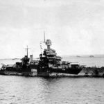 Starboard view of USS Colorado in camouflage 1944