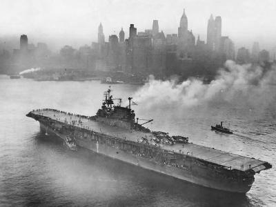 Aircraft carrier USS Enterprise CV-6 Passing Downtown New York City on Hudson River