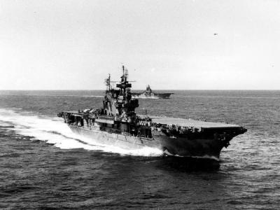 USS Enterprise CV-6 steaming with USS Lexington CV-16 in the Central Pacific in June 1944