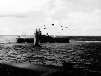 USS Enterprise during an attack by Japanese aircraft at the Battle of Santa Cruz 26 October 1942