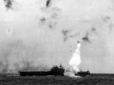 USS Enterprise CV-6 hit by Kamikaze piloted by Lt Shunsuke Tomiyasu off Okinawa, 14 May 1945