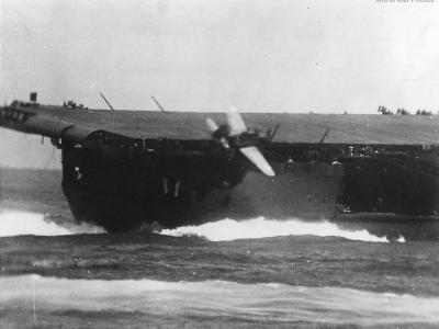 SBD-3 falls from deck of USS Enterprise Battle of Santa Cruz