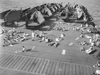 Sailors Sunbathing on Flight Deck of USS USS Enterprise CV-6 1945