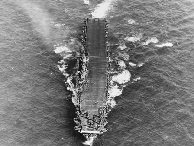 Aerial bow-on view of the USS Enterprise