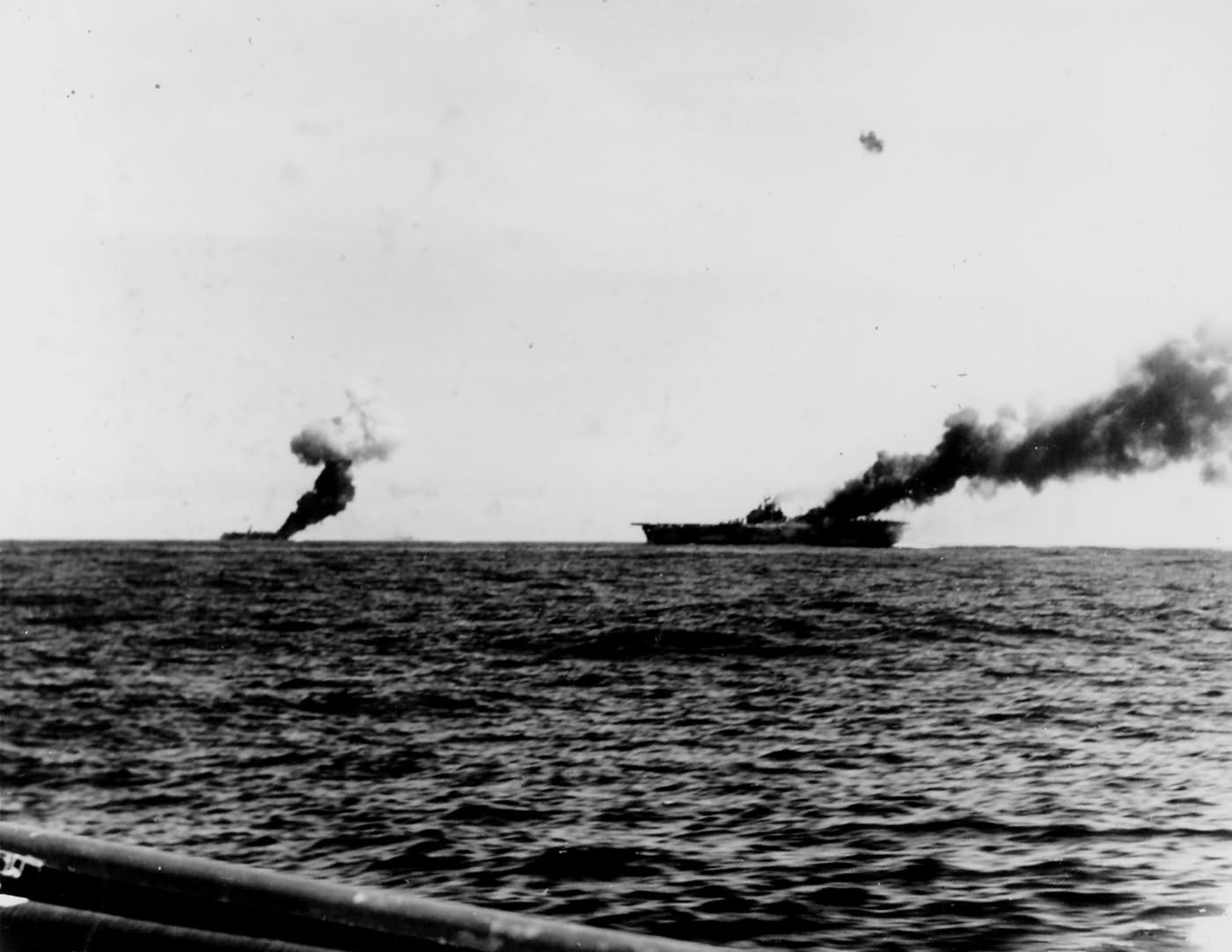 Belleau Wood and USS Franklin CV-13 on fire after attacks by Japanese suicide aircraft on October 30 1944