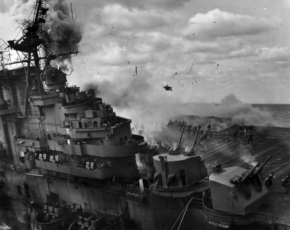 Burning USS Franklin CV-13 after Attack off Japanese Coast 19 March 1945 2