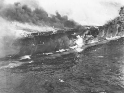 Burning USS Franklin (CV-13) after Attack off Japanese Coast 19 March 1945