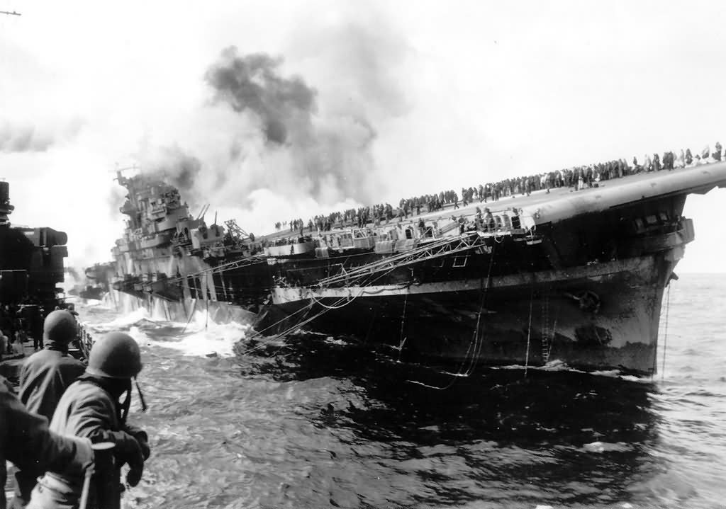 Aircraft Carrier USS Franklin after Attack off Japanese Coast 19 March 1945