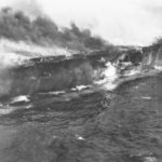 Burning USS Franklin CV-13 after Attack off Japanese Coast 19 March 1945