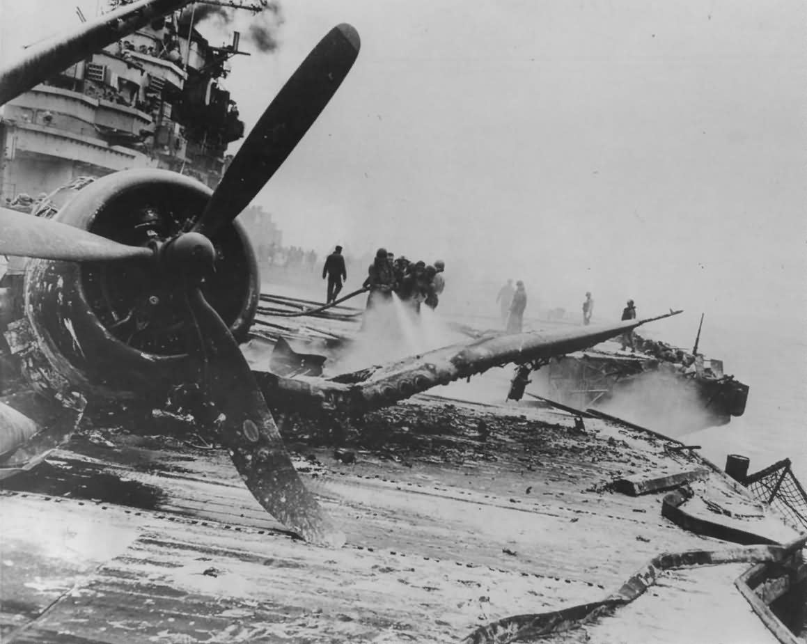 Carrier USS Hancock (CV-19) Survives Hit by Japanese Bomber