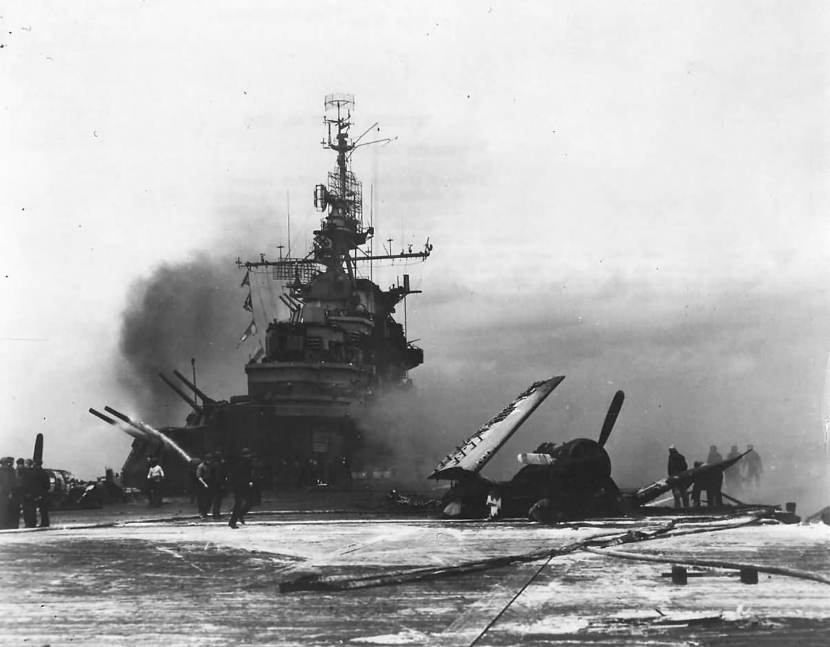 Carrier USS Hancock CV-19 Survives Hit by Japanese Bomber Carrier USS Hancock CV-19 Survives Hit by Japanese Bomber