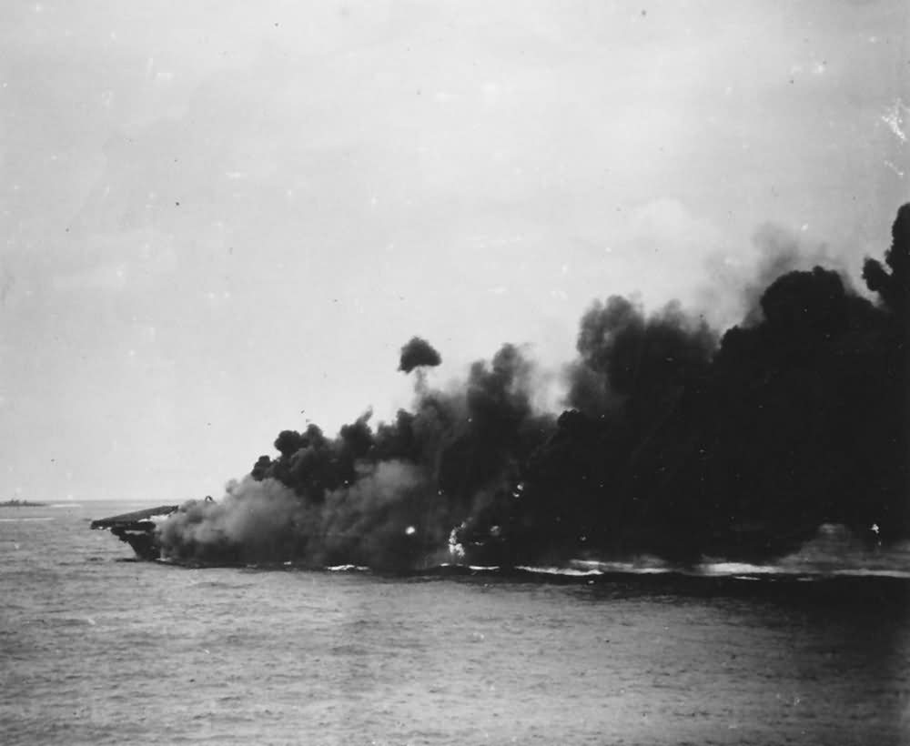 USS Hancock CV-19 Burning after being hit by Kamikaze 1945 Okinawa