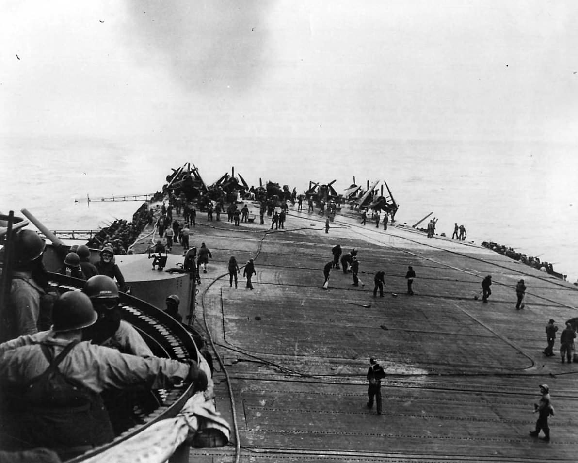 USS Hancock CV-19 hit by Japanese bomb and Kamikaze off Okinawa 7 April 1945
