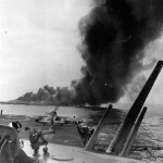 Burning Carrier USS Hancock CV-19 After Kamikaze Attack Off Kyushu 1945