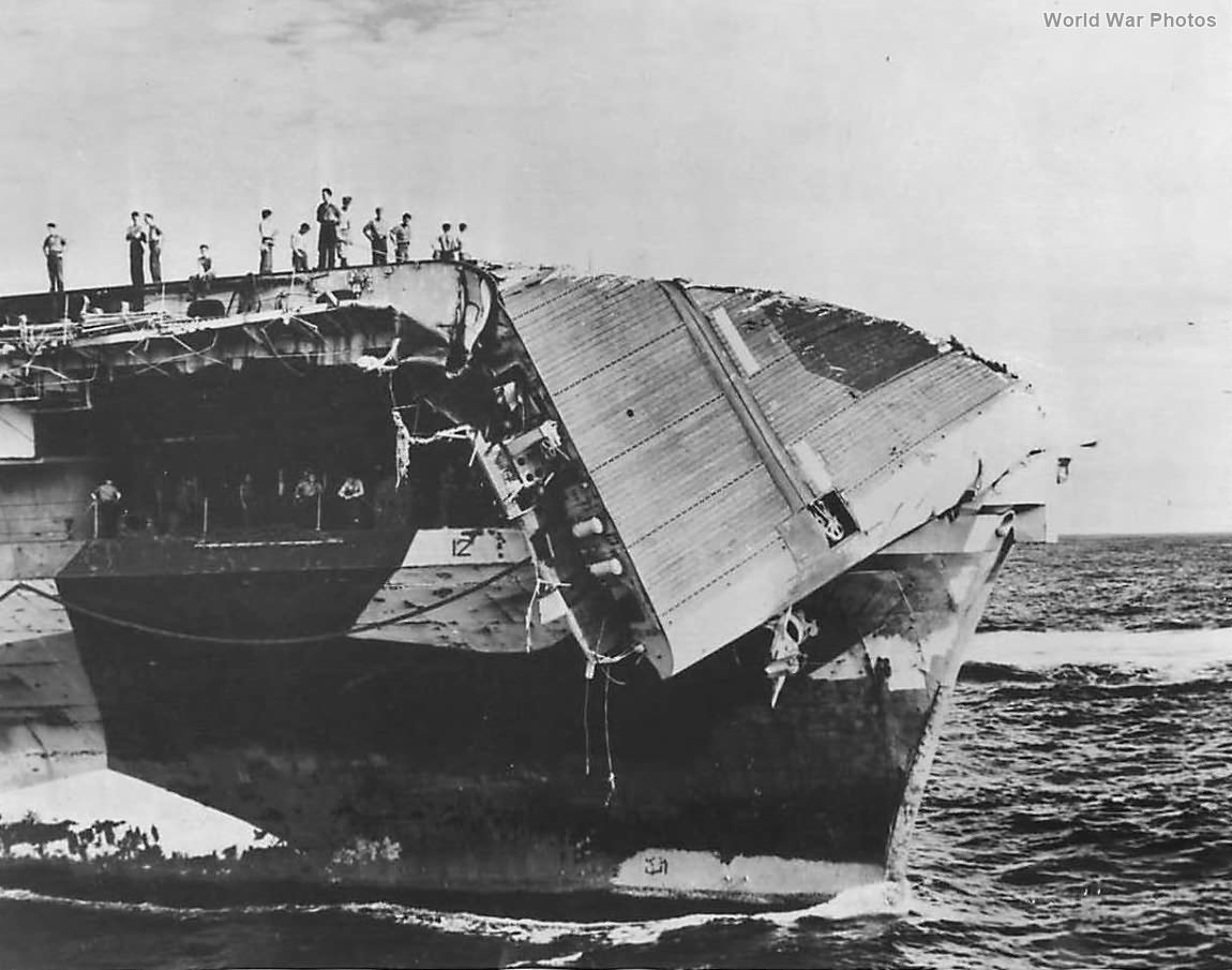 Crew Inspects Damage to Carrier USS Hornet after Typhoon june 5, 1945