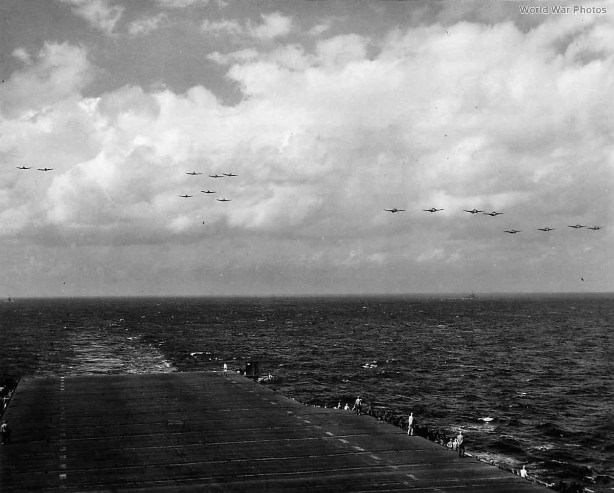 Hellcats of VF-17 returning to aircraft carrier