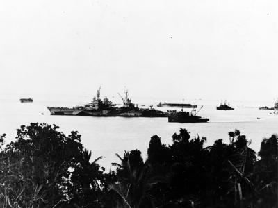 Cruiser USS Indianapolis (CA-35) in a Pacific harbor 1944