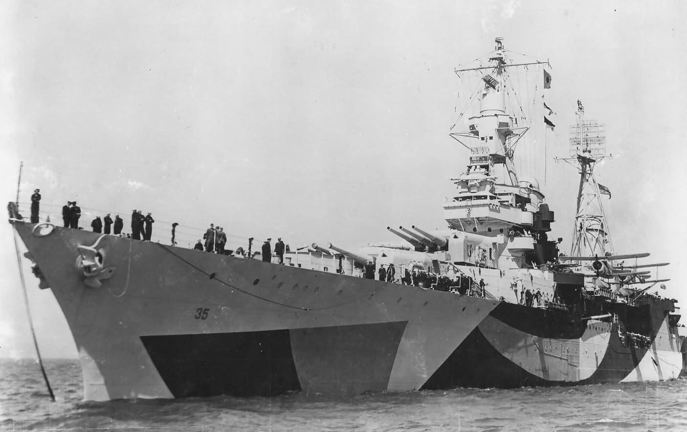 Heavy Cruiser USS Indianapolis (CA-35) In Camouflage Bow View 1944