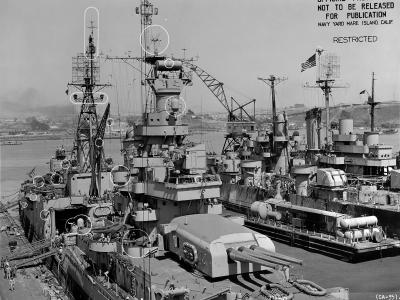 Heavy cruiser USS Indianapolis closeup view of turret 2 and the ship’s superstructure July 1945