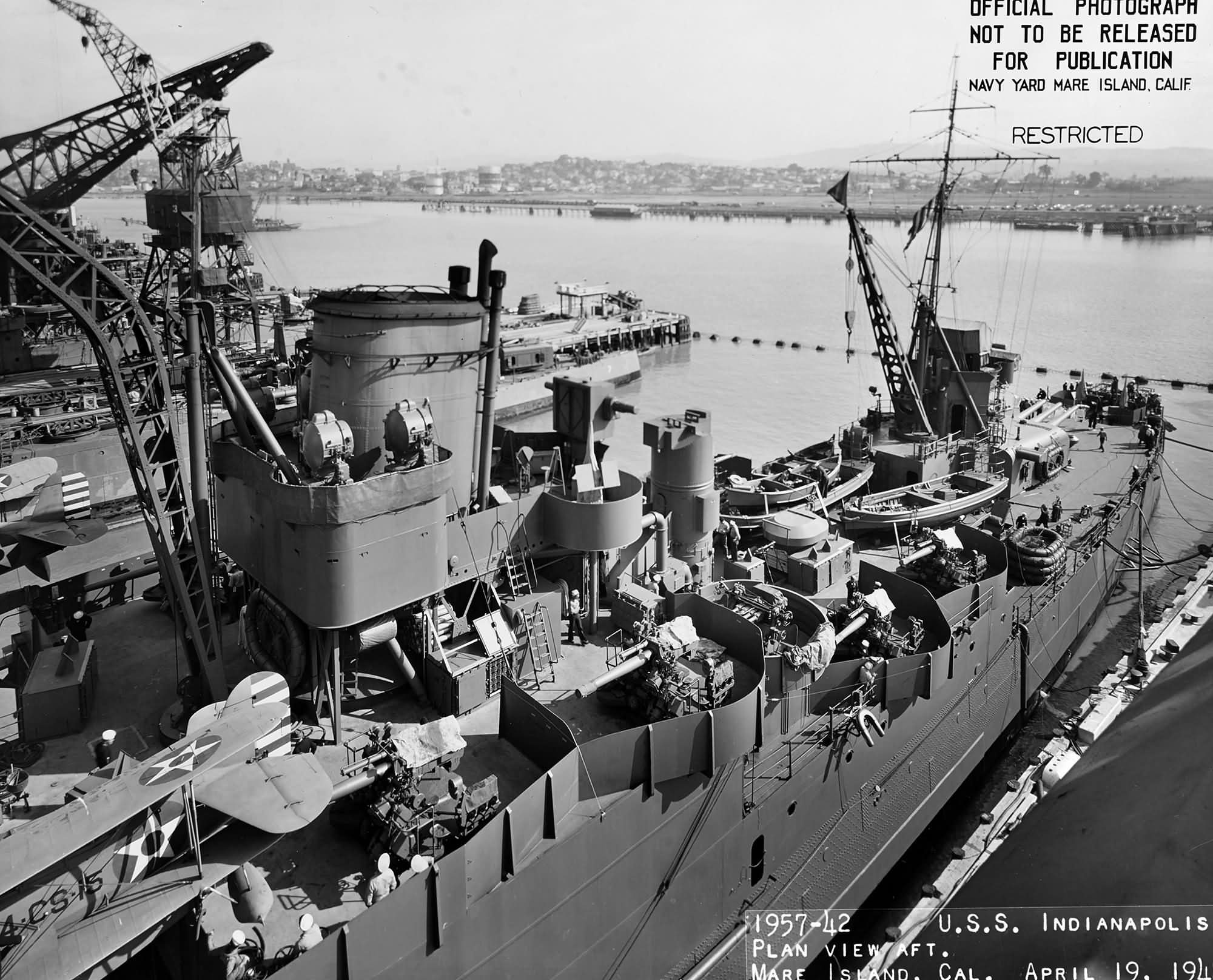 USS Indianapolis (CA-35) – Mare Island Navy Yard 19 April 1942 following overhaul