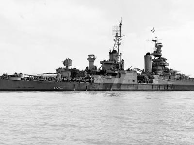Heavy cruiser USS Indianapolis off the Mare Island Navy Yard California 10 July 1945