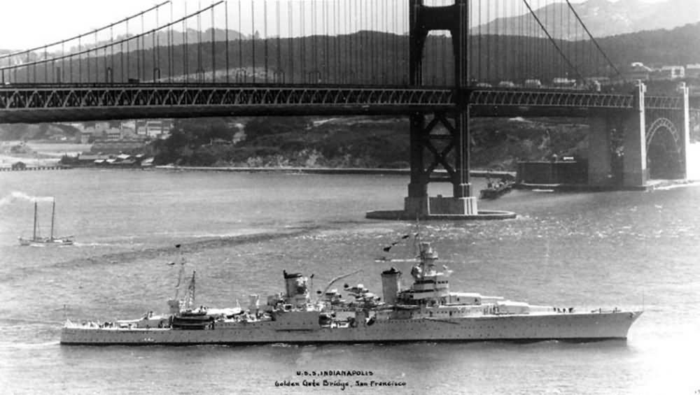 USS Indianapolis (CA-35) passing under the Golden Gate Bridge San Francisco 1938