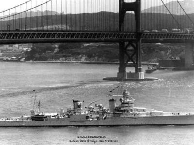 USS Indianapolis (CA-35) passing under the Golden Gate Bridge San Francisco 1938