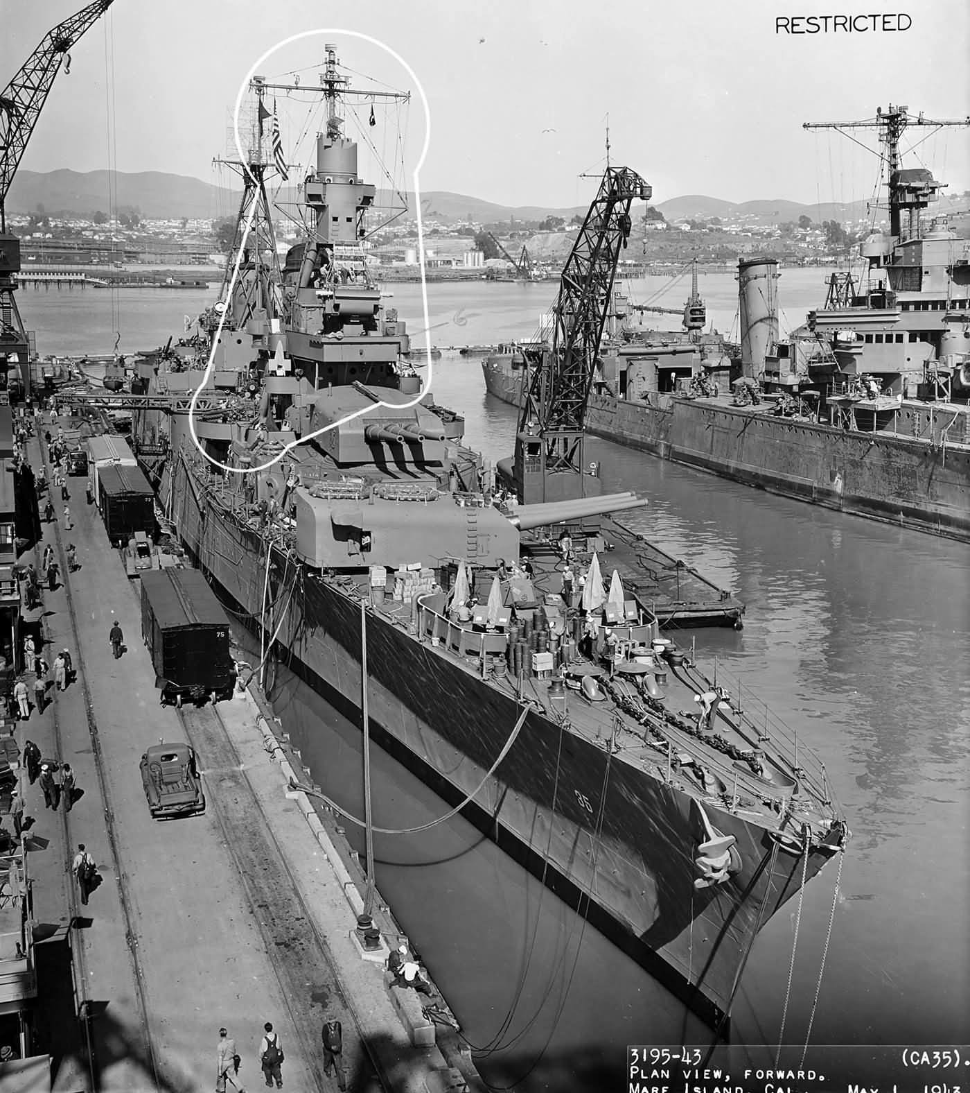 USS Indianapolis (CA-35) at the Mare Island Navy Yard California following overhaul 1 May 1943