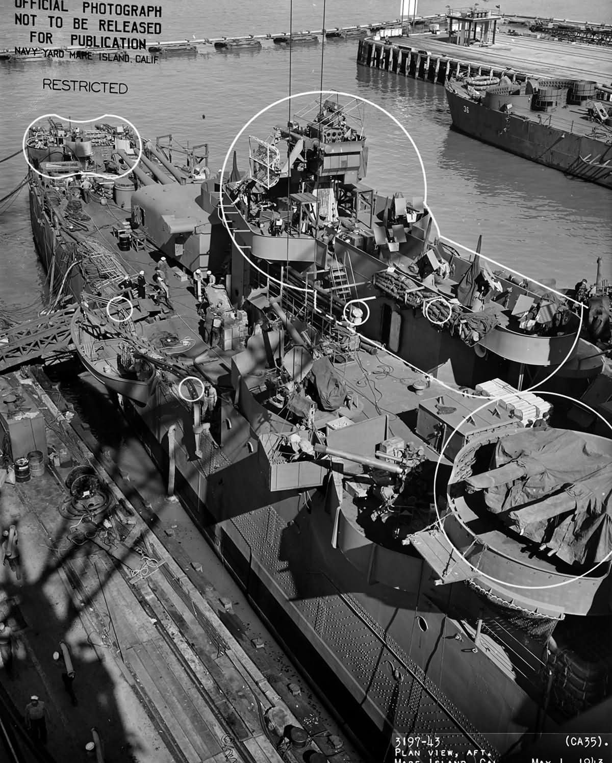 USS Indianapolis (CA-35) at the Mare Island Navy Yard following overhaul 1 May 1943
