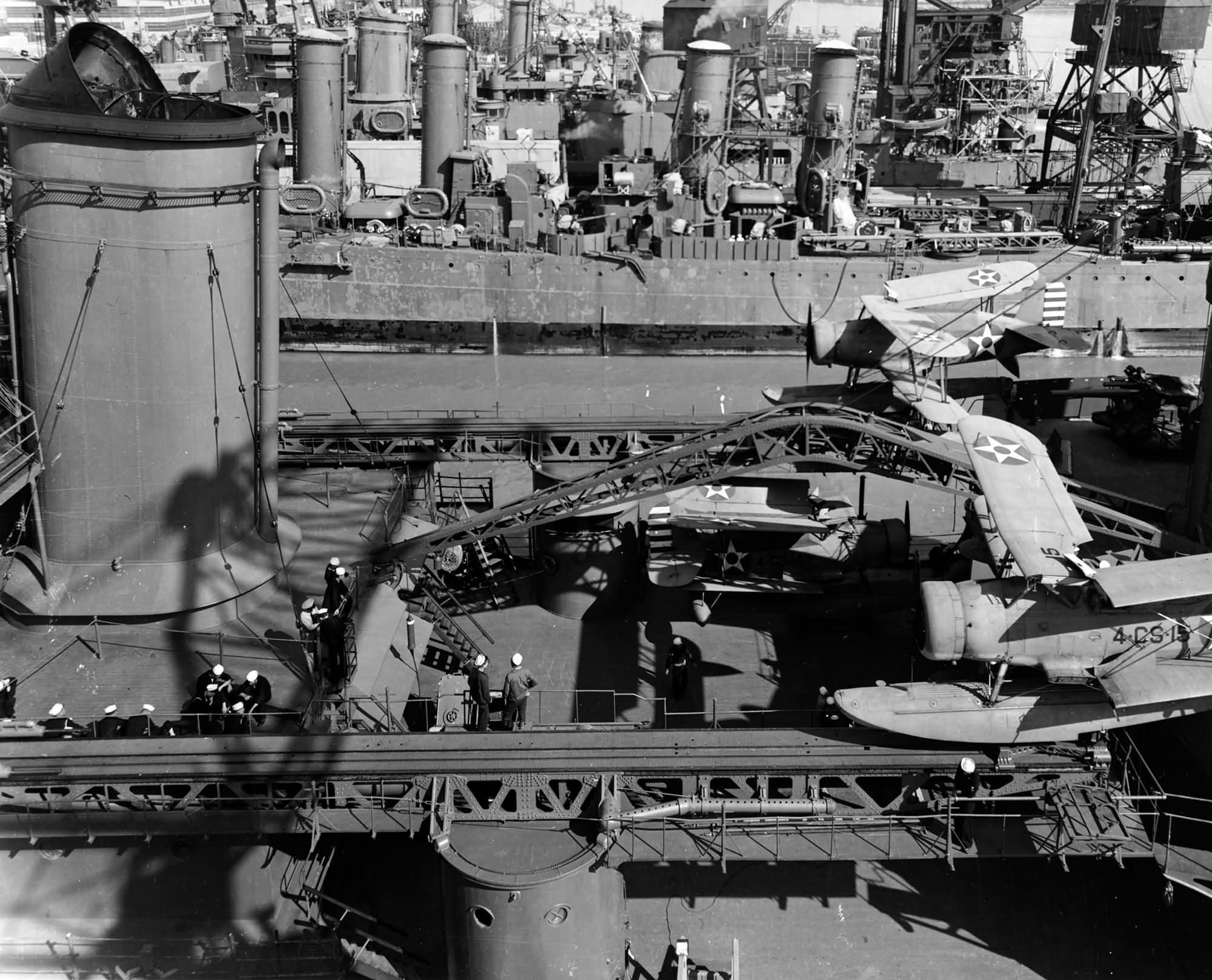USS Indianapolis catapults and Curtiss SOC Seagull April 1942