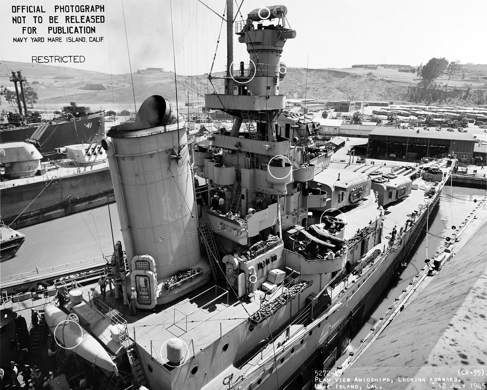 USS Indianapolis (CA-35) forward stack, superstructure and hull July 1945