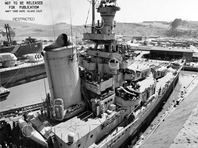 USS Indianapolis (CA-35) forward stack, superstructure and hull July 1945