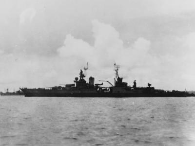 Heavy cruiser USS Indianapolis preparing to leave Tinian after delivering atomic bomb components 26 July 1945