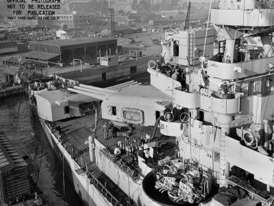 USS Indianapolis (CA-35) superstructure and triple gun turrets December 1944