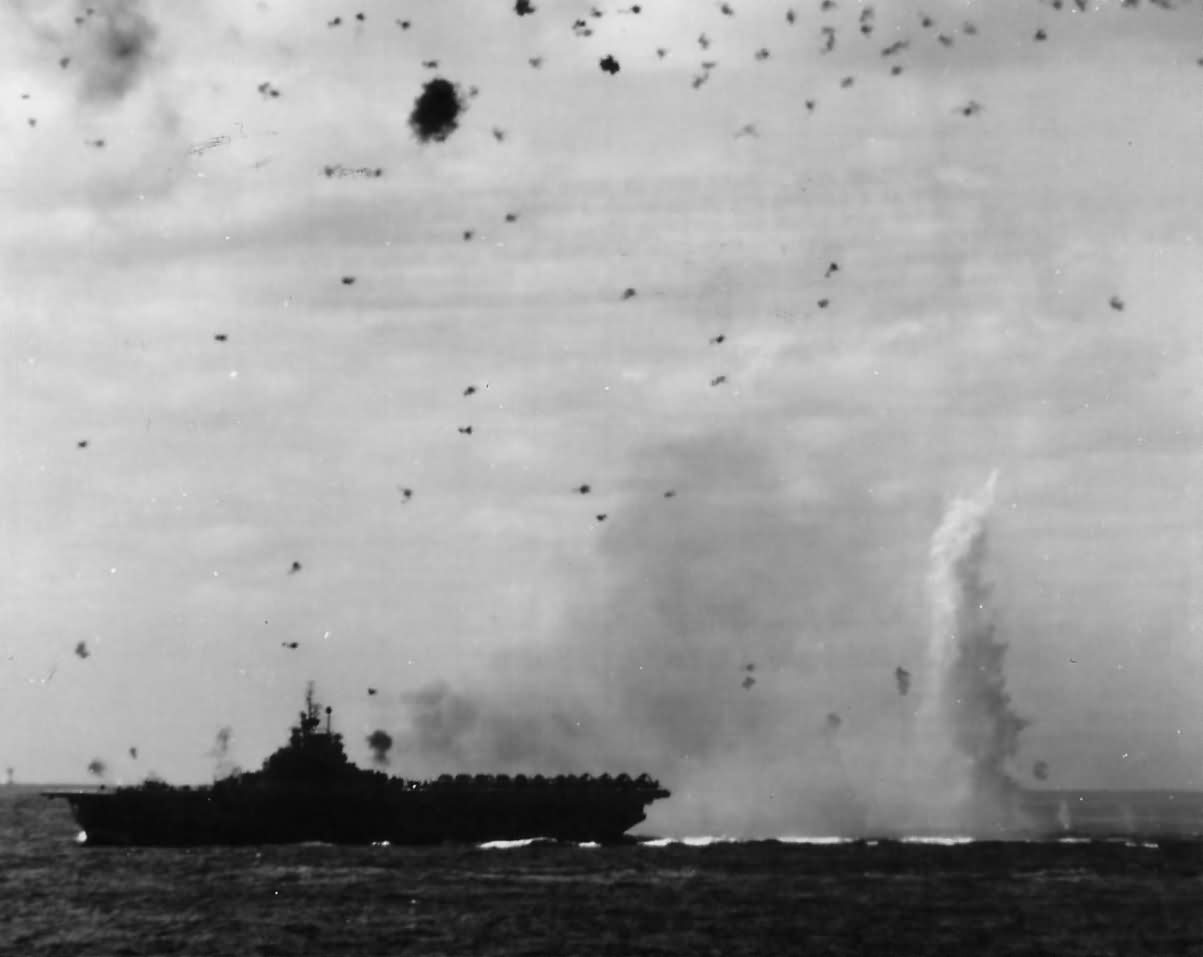 Japanese Plane Crashes Astern of USS Intrepid CV-11 off Kyushu 1945