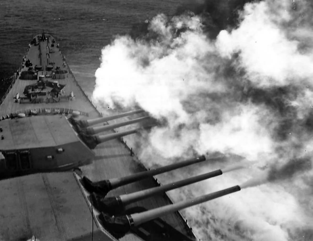 USS Iowa (BB-61) firing 16 Inch batteries 1944