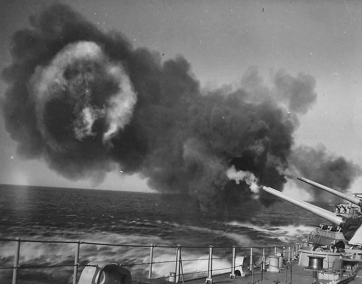 USS Iowa firing 16 inch guns in Pacific 1944 2