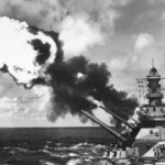 USS Iowa (BB-61) firing 16 inch guns in Pacific 1944