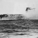 Crew Abandons Burning USS Lexington CV-2 during Battle of Coral Sea, 8 May 1942