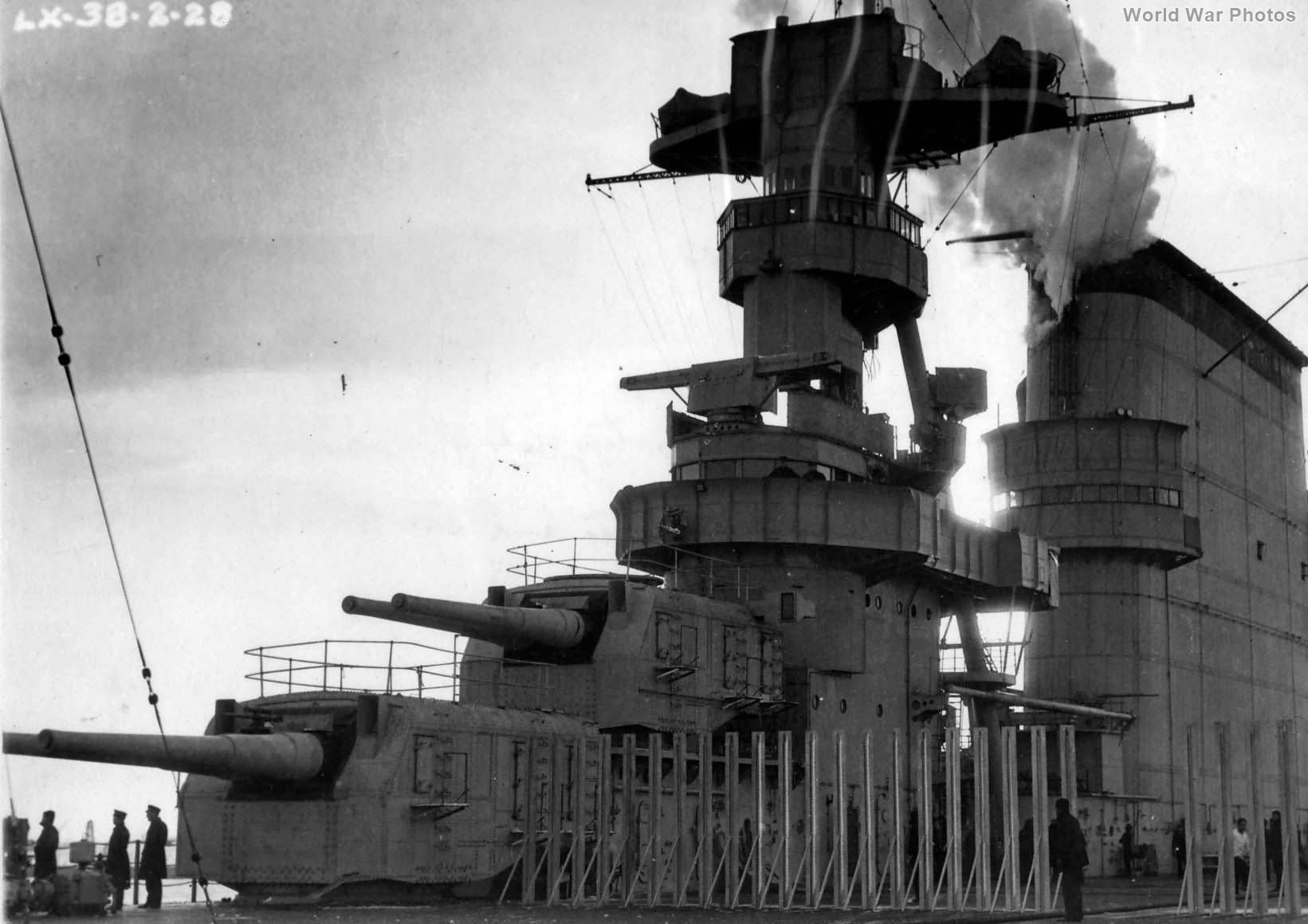 Island, stacks and forward 8-in gun mounts on board the carrier USS Lexington 1928