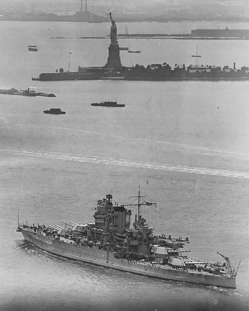 Battleship USS Mississippi on Hudson passing Statue of Liberty 1934