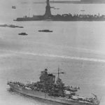 Battleship USS Mississippi on Hudson passing Statue of Liberty 1934