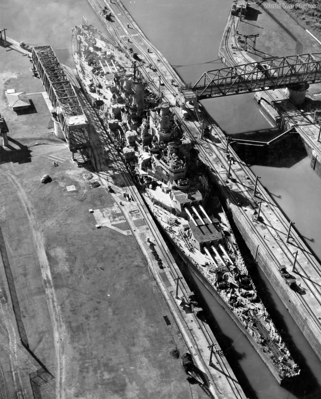 Overhead view of USS Missouri in Panama Canal