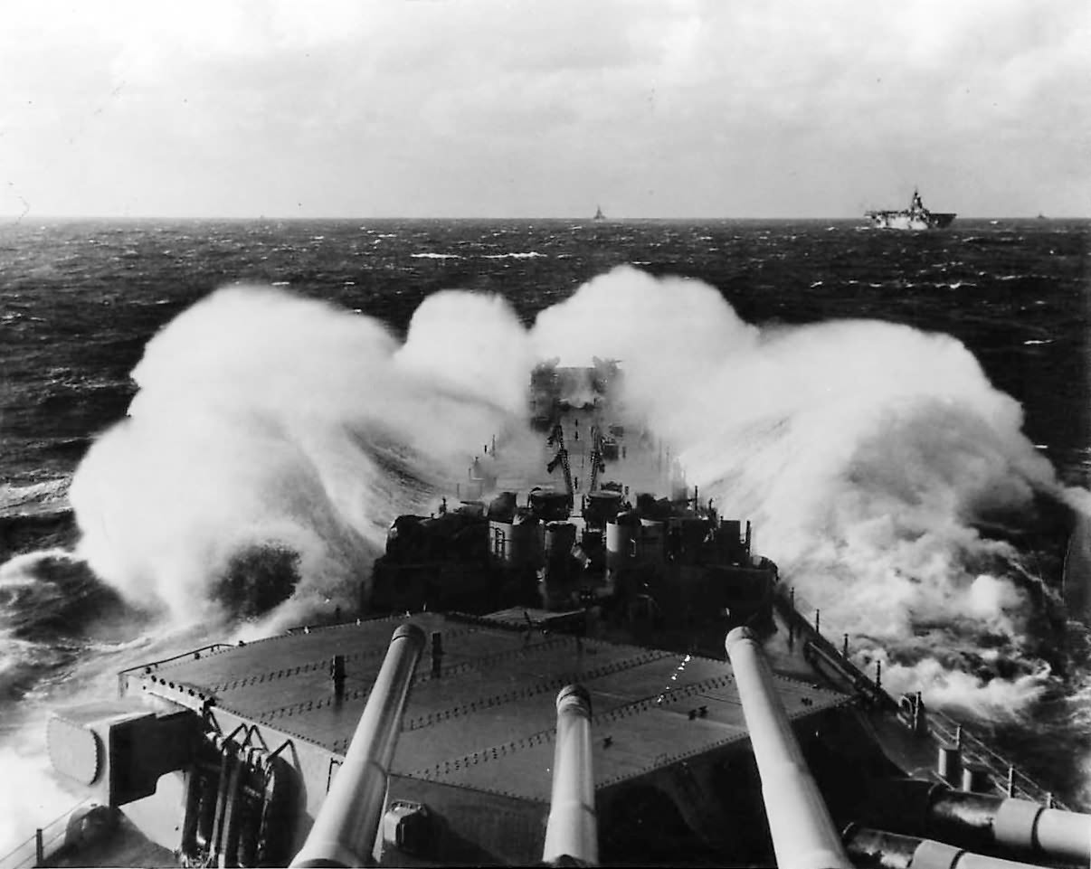 Battleship USS Missouri ploughing thru rough seas en route to Japan 1945